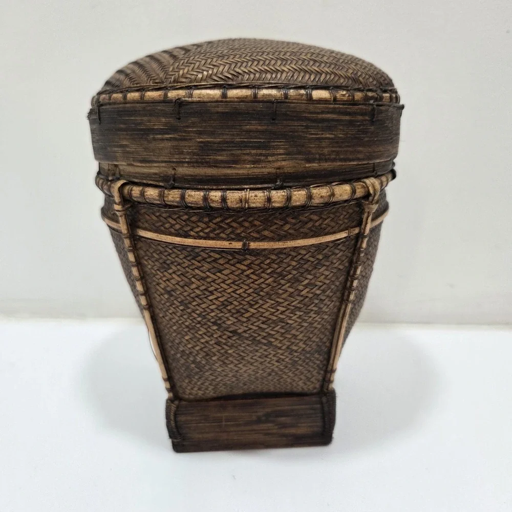 CHINESE ASIAN RICE BASKET Woven‎ Dark Wicker Bamboo Unique Design